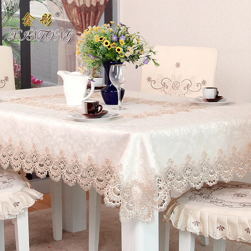 

Elegant 100%Polyester Embroidered Tablecloth With Lace Edge Round Table Cloth Dust Cover For Wedding Party Home Decor Textile