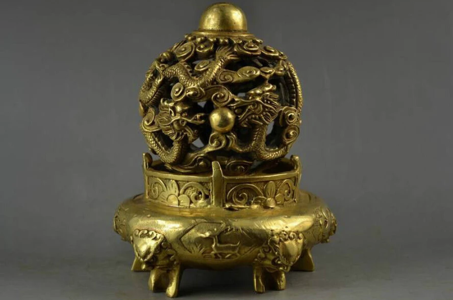 

Бесплатная доставка, искусственная латунь, резьба, двойной дракон и 5 головы льва, редкая большая религия, курильница