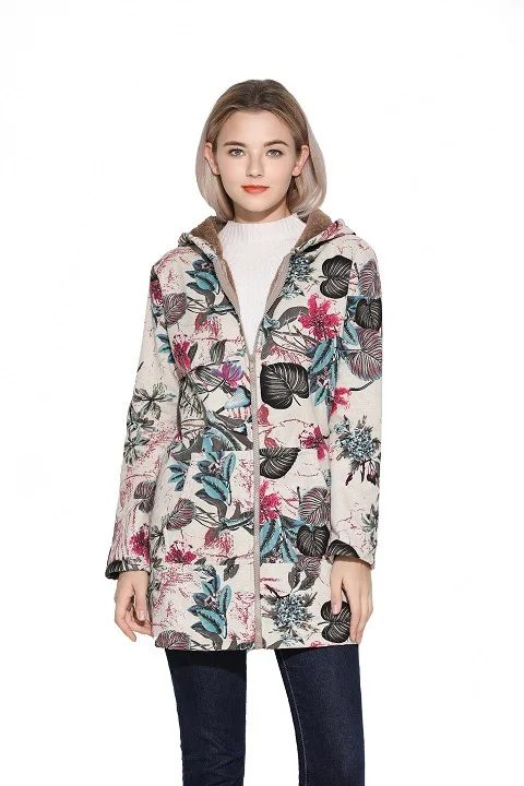 Женское пальто с цветочным принтом NXH осенне-зимняя плюшевая куртка капюшоном