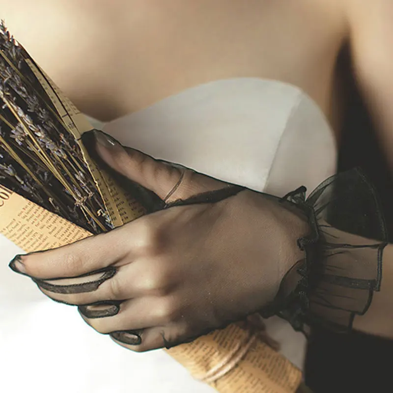 1 пара женские тюлевые перчатки полностью закрытые эластичные кружевные с