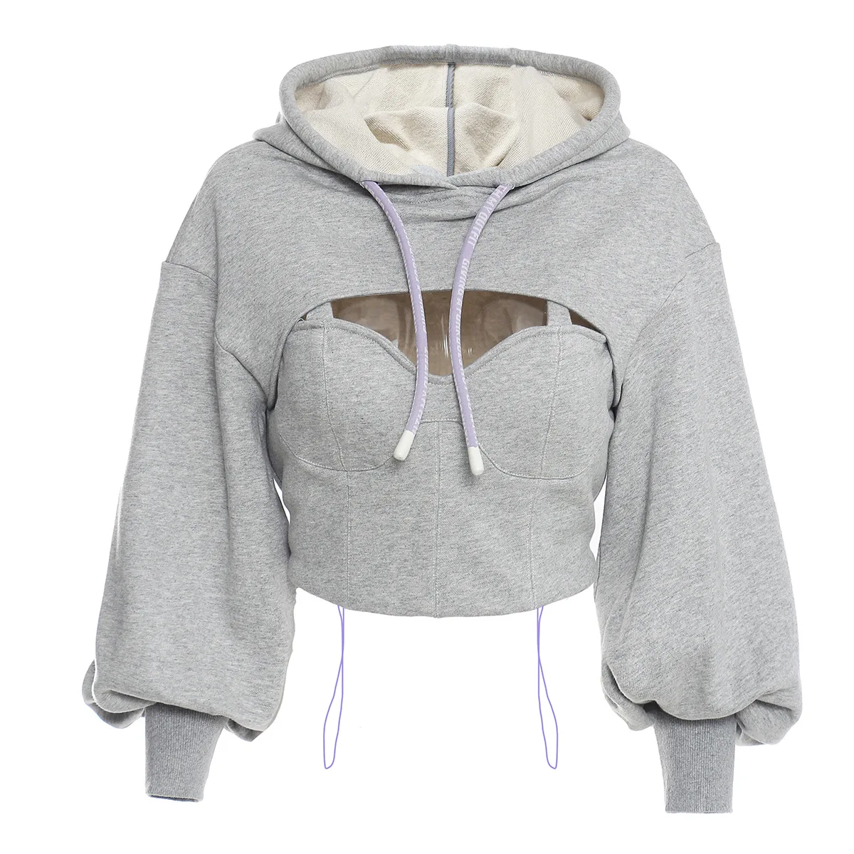 

Donsignet Women Hoodies Solid Sweatshirts Hooded Hollow Out Fake Two-piece Pullover Long Sleeve Short Streetwear Women Fashion