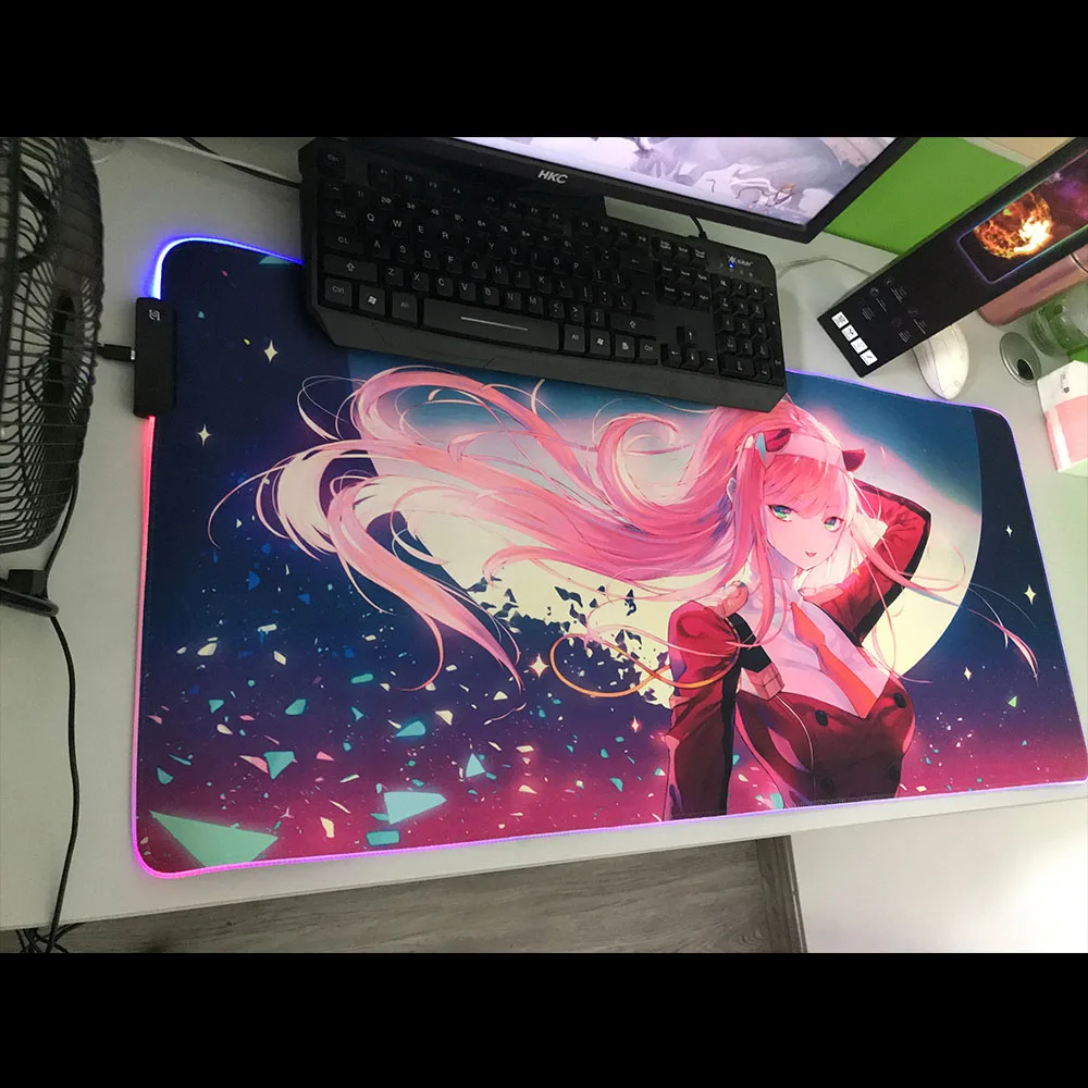 xgz anime zero two rgb kawaii mouse pad luminous led laptop mini game accessories gamer keyboard carpet pad mousepad gaming desk free global shipping