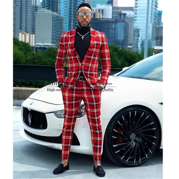 Fashion Check Plaid Red Men Suits Slim Fit Notached Lapel 2 Pieces Groom Wedding Tuxedo Best Man Blazer Prom Party Costume Homme