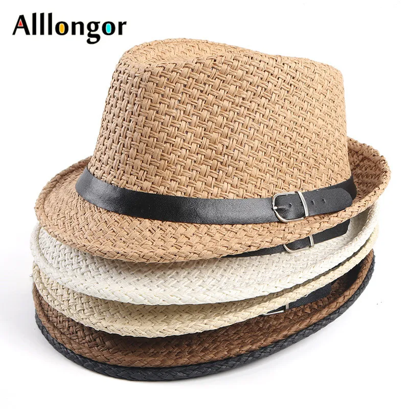 

New 2021 Summer Straw Hat Men Jazz Fedora Hats With Belt Short Sleeve Casual Beach Visor Sun Hat Cap Panama sombrero hombre