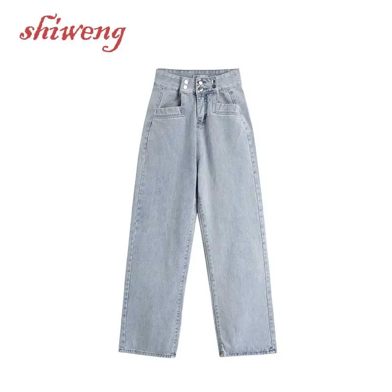 

Новинка 2021, повседневные весенние драпированные джинсовые широкие брюки с высокой талией, женские свободные прямые штаны Xuanya, штаны для пап...