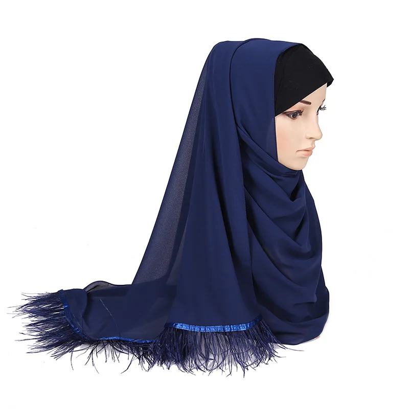

Fashion muslim Feather decoration hijab scarf soild color bubble chiffon headscarf turban islamic clothing Malaysia hijabs shawl