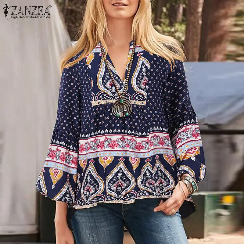 

ZANZEA Women Autumn V Neck Long Sleeve Shirt Vintage Floral Printed Blusas Casual Party Tops Tunic Mujer Bohemian Holiday Blouse