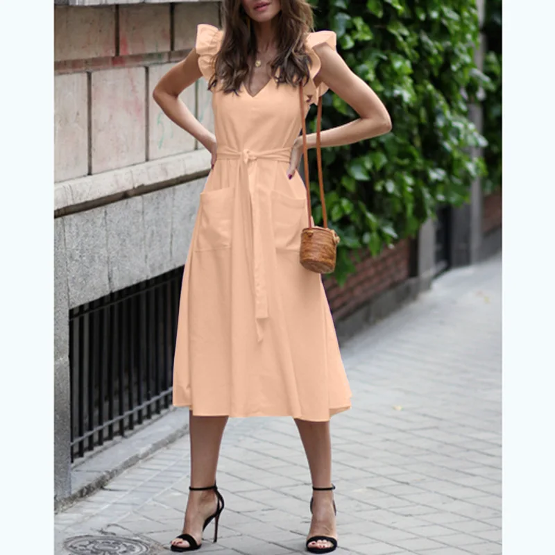 Женское ТРАПЕЦИЕВИДНОЕ ПЛАТЬЕ МИДИ однотонное летнее платье с оборками на