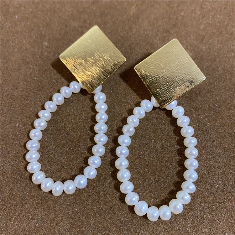 

Square Design Pearl Earrings Jewelry Natural Freshwater Pearl Earrings Handmade Gold Plated Women Gifts
