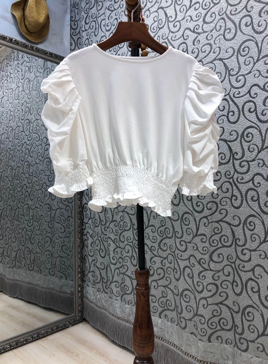 

2021 new women fashion long-sleeved round neck solid color decoration wrinkled sleeves all-match waist top 509