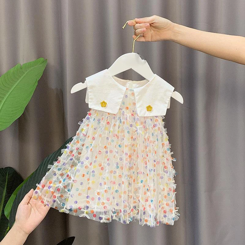 

Платье для девочек летнее платье для маленьких девочек годовалого возраста без рукавов с отложным воротником в горошек, новый дизайн, плать...