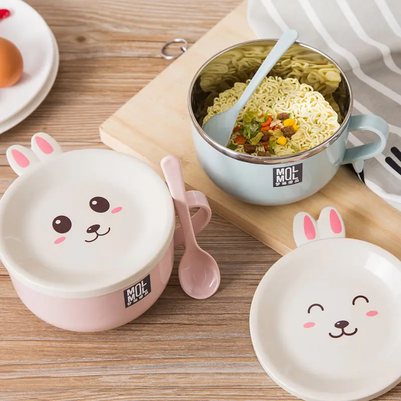 

New Stainless Steel Double-layer Ramen Noodles Bowl Anti-scalding Instant Noodle Bowl Cute Bunny with Lid and Spoon Tableware