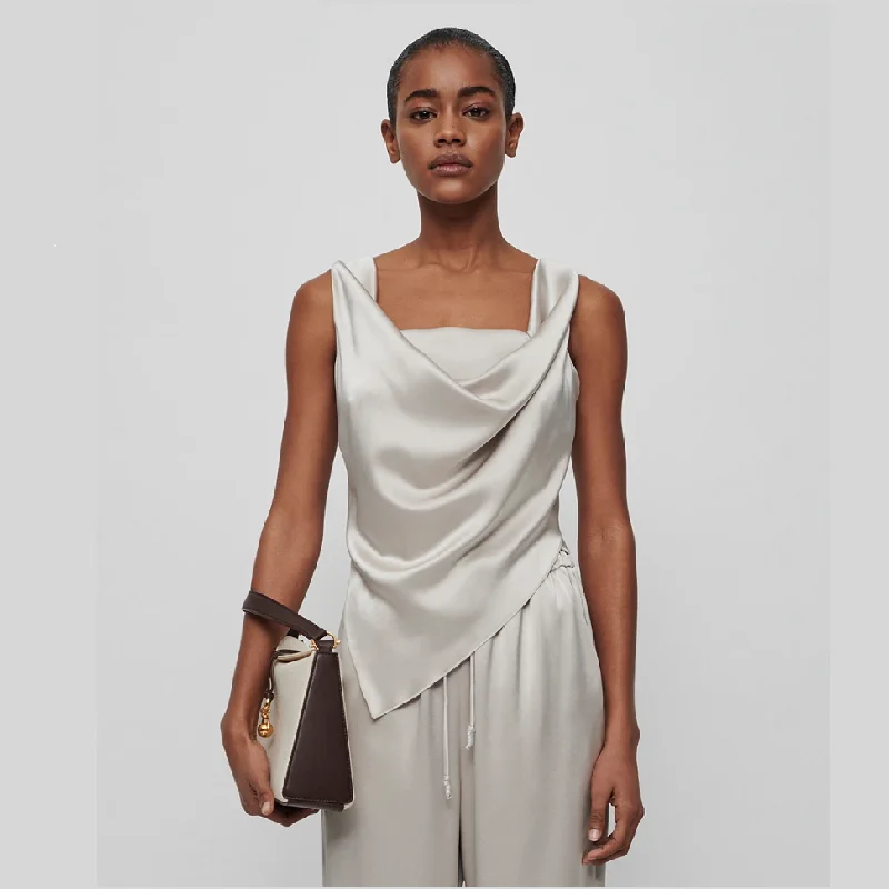 

Женский ассиметричный топ на бретелях, черно-белый атласный Приталенный топ без рукавов с квадратным вырезом и драпировкой, лето 2021