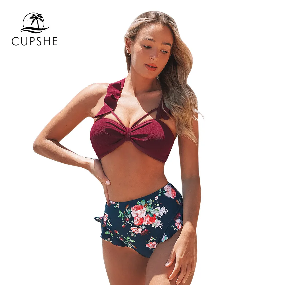 Женский купальник-бикини CUPSHE бикини с высокой талией и рюшами комплект из двух