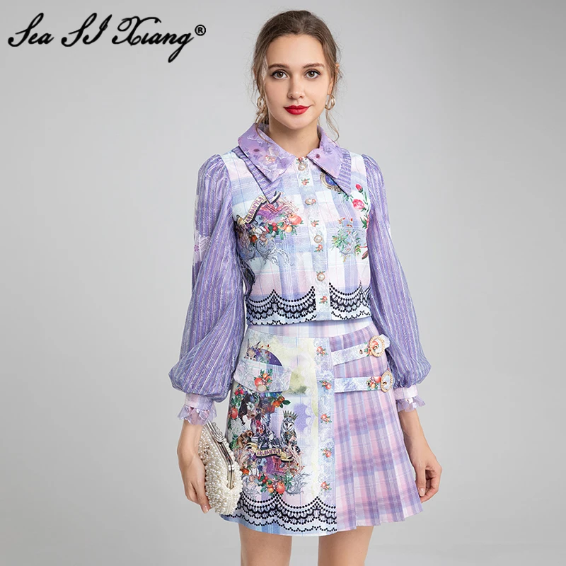 

Женский дизайнерский костюм из двух предметов Seasixiang, осенняя короткая куртка с отложным воротником и рукавами-фонариками и юбка с цветочны...