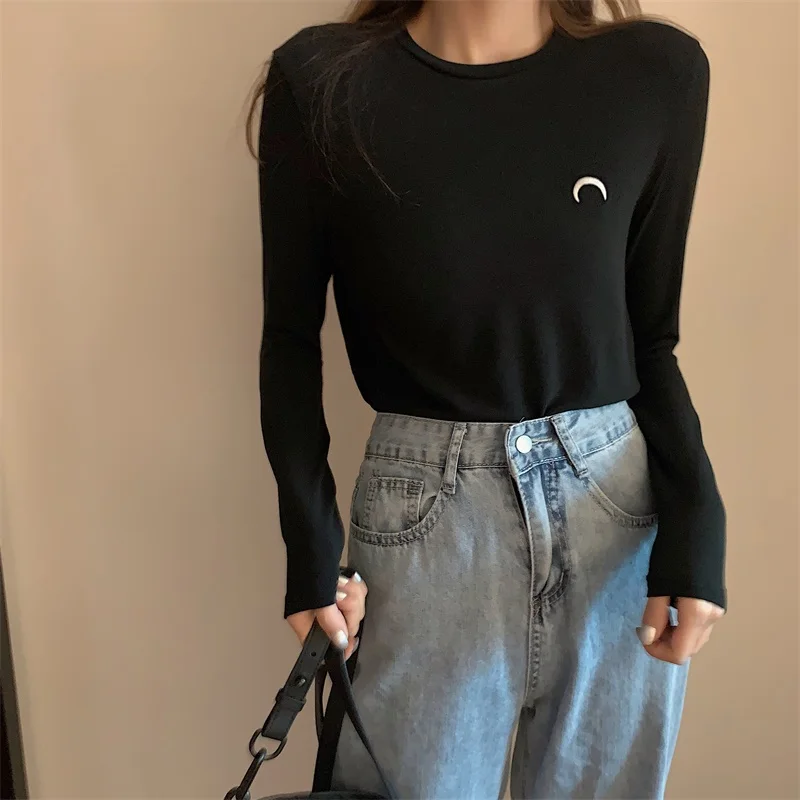 Однотонная футболка с длинным рукавом и вышивкой Луны | Женская одежда