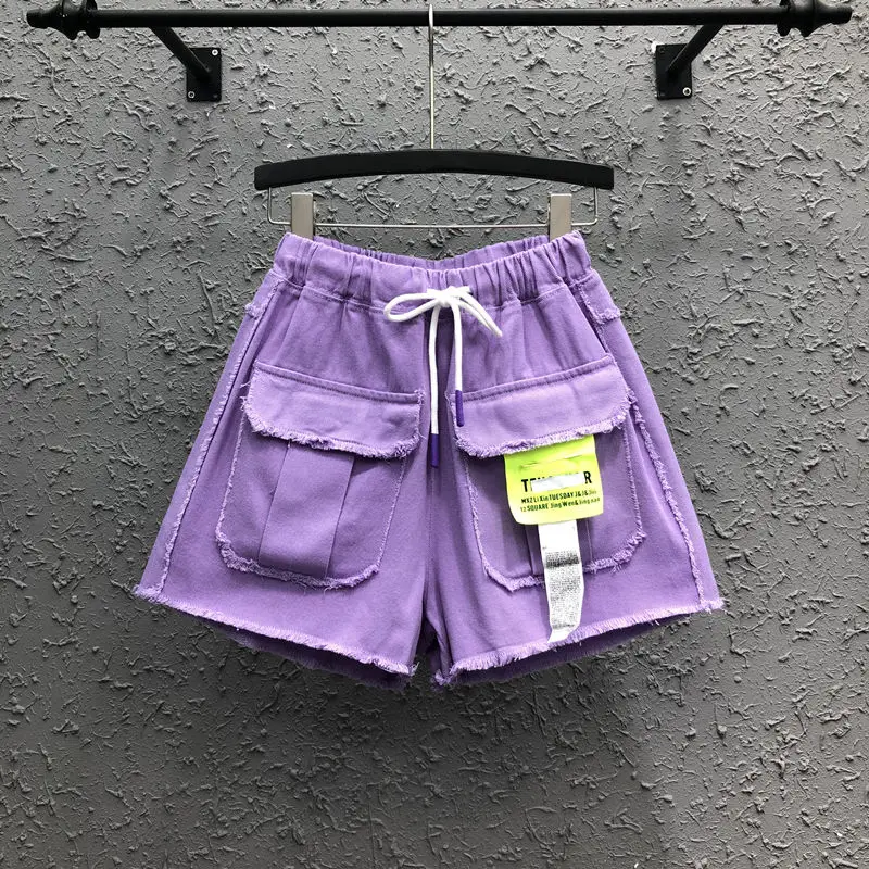 

Purple Casual Workwear Denim Shorts Female 2021 New Summer Fashion Elastic Waist Patch Pocket Hot Shorts Wide Leg Short Jean