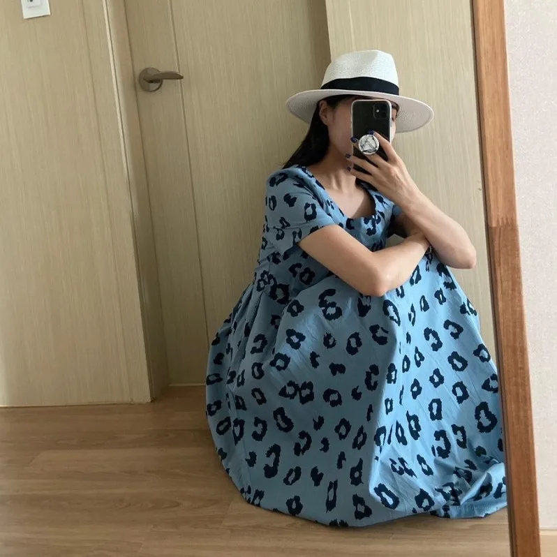 

Korean Chic Retro Style Fashionable Cute Youth-Looking Slimming Loose Flower Print Mid-Length Short Sleeve round Neck Dress