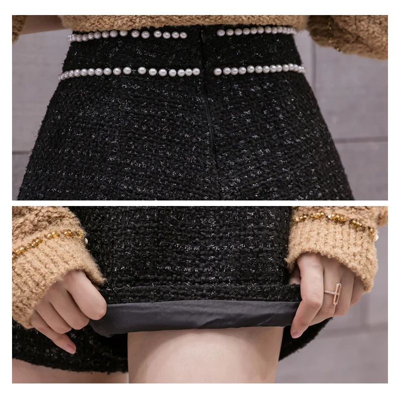 

Autumn Winter 2021 New Tweed Black Shorts Women Korean Fashion Pearls Beading High Waist Wide Leg Shorts Mujer Double Breasted
