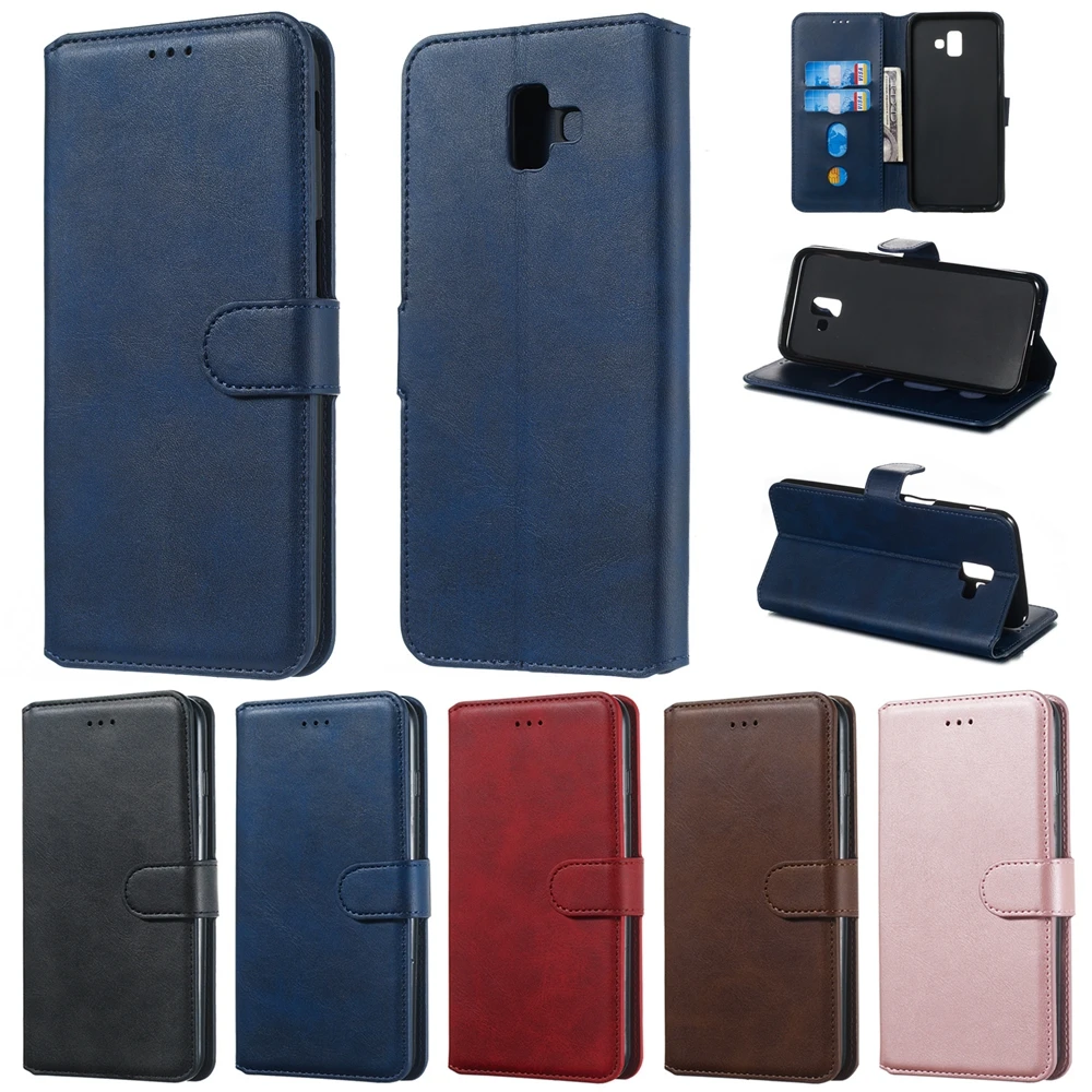 Кожаный чехол для samsung J4 J6 Plus 2018 Galaxy классический стиль сплошной цвет флип