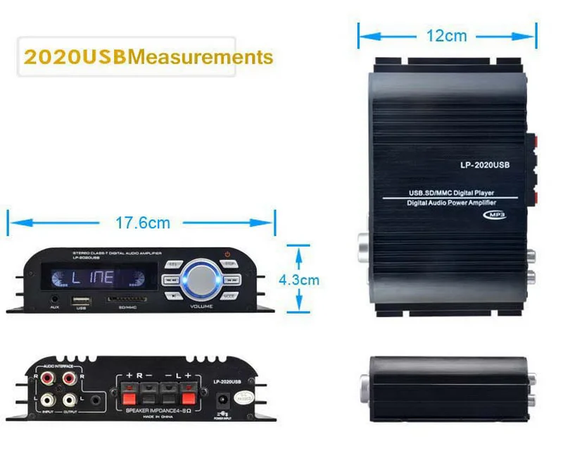 Автомобильный усилитель, цифровой ЖК-дисплей, AUX/USB/AD/MMC, поддерживаемый дистанционный разъем 3,5 мм