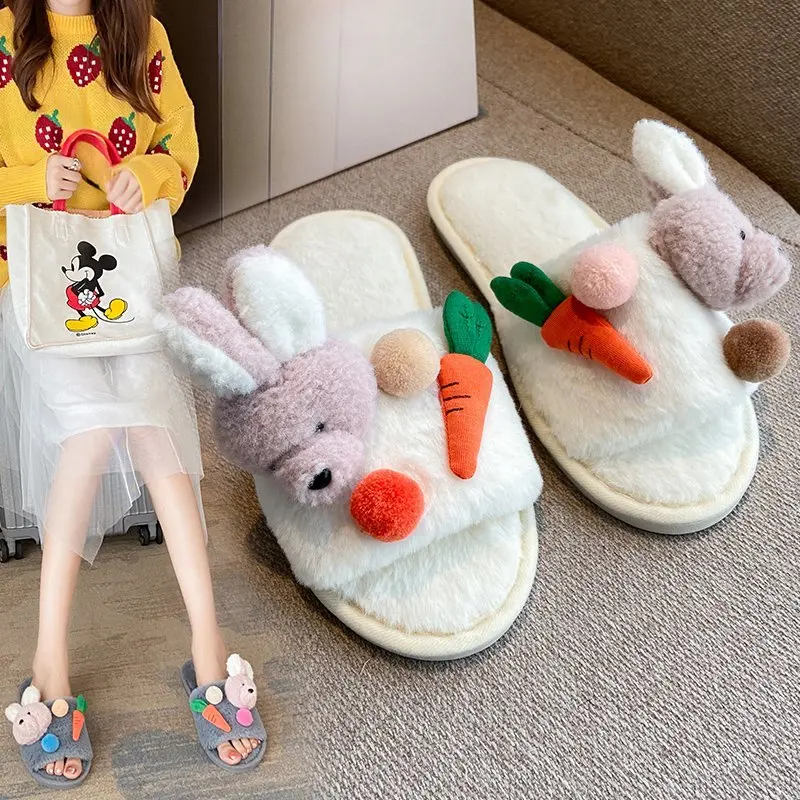 

Rabbit Slip on Flats Slides Female Women Home Slippers Winter Warm Shoes Woman Faux Fur Slippers 36-41 2020 New Plush Slipper