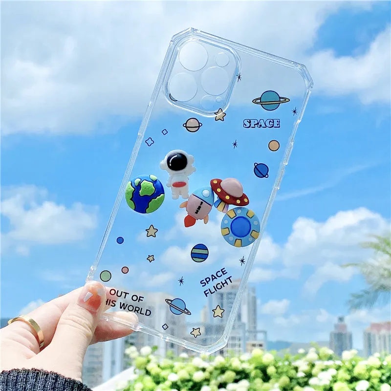 

Cartoon astronaut Space Phone Case for iPhone 11 12 Pro Max Mini X XR XS Max 7 8 Plus SE 2020 Clear Soft TPU Protection Cover