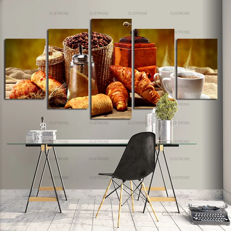 

5Pcs Breakfast Bread Drink Still Life Decoration Canvas Painting, Modern Home Wall Decor Poster for Wall Frameless Style