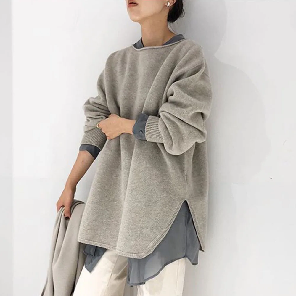 

Knitted Sweater Women Korean Two Piece Suit Patchwork Pullovers Retro Jumpers Knit Wear Preppy Style Female Tops Gray Ladies