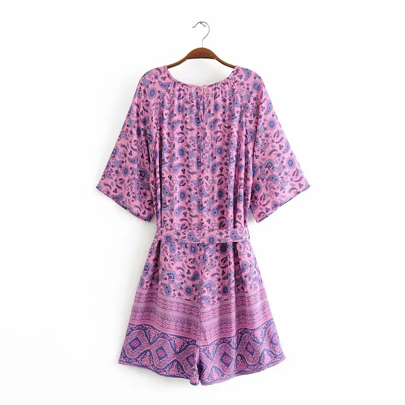 

Vintage Chic women floral print belt Bowknot Ladies V-neck short-sleeved fringed beach jumpsuit plastic Beach Casual jumpsuit