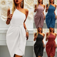 new fashion asymmetrical dresses for women 2021 elegant temperament inclined shoulder solid sleeveless belt party midi dress