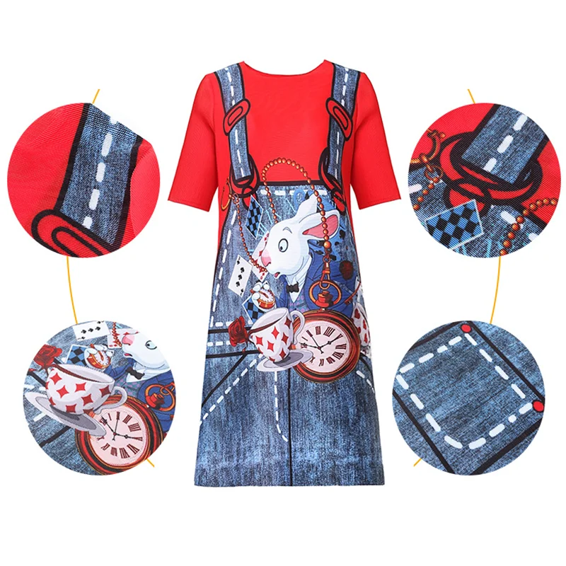 

Miyake fold loose large size printed mother dress female 2021 new temperament age reduction fashion red dress female summer