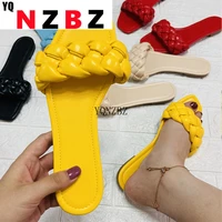 yqnzbz new fashion yellow weave leather flat shoes women sliders outdoor casual open toe slip on beach slippers ladies sandals