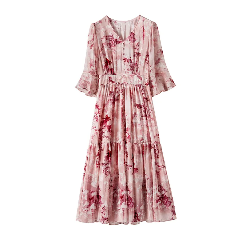 

High end women's silk long skirt silk floral dress 2021 spring and summer new 46431