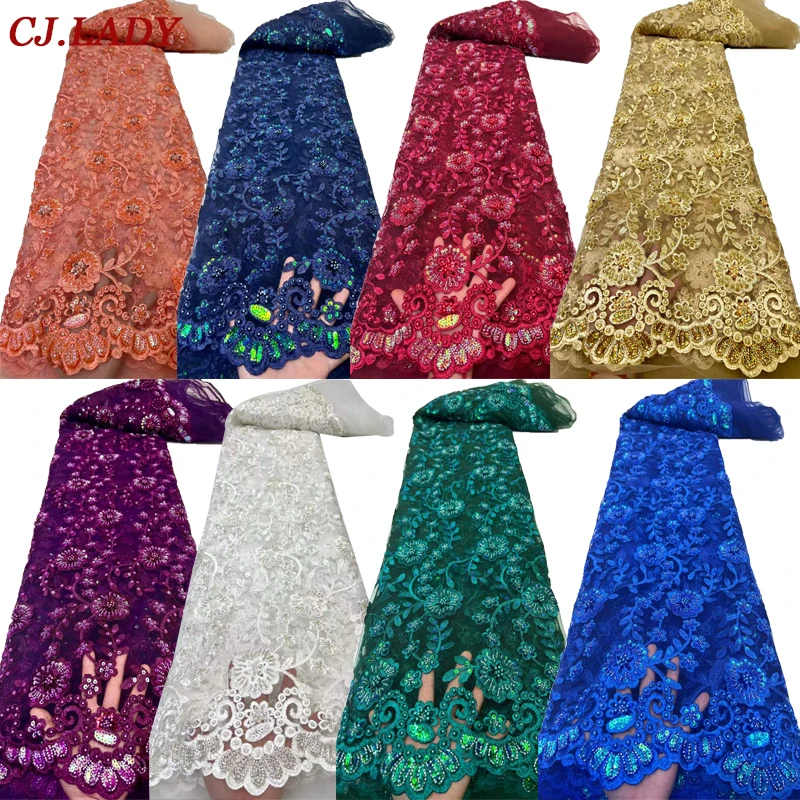 

2022 Роскошная Тяжелая кружевная ткань из бисера, кружевная ткань из тюля для свадьбы, вышитая французская сетчатая кружевная ткань, 5 ярдов д...