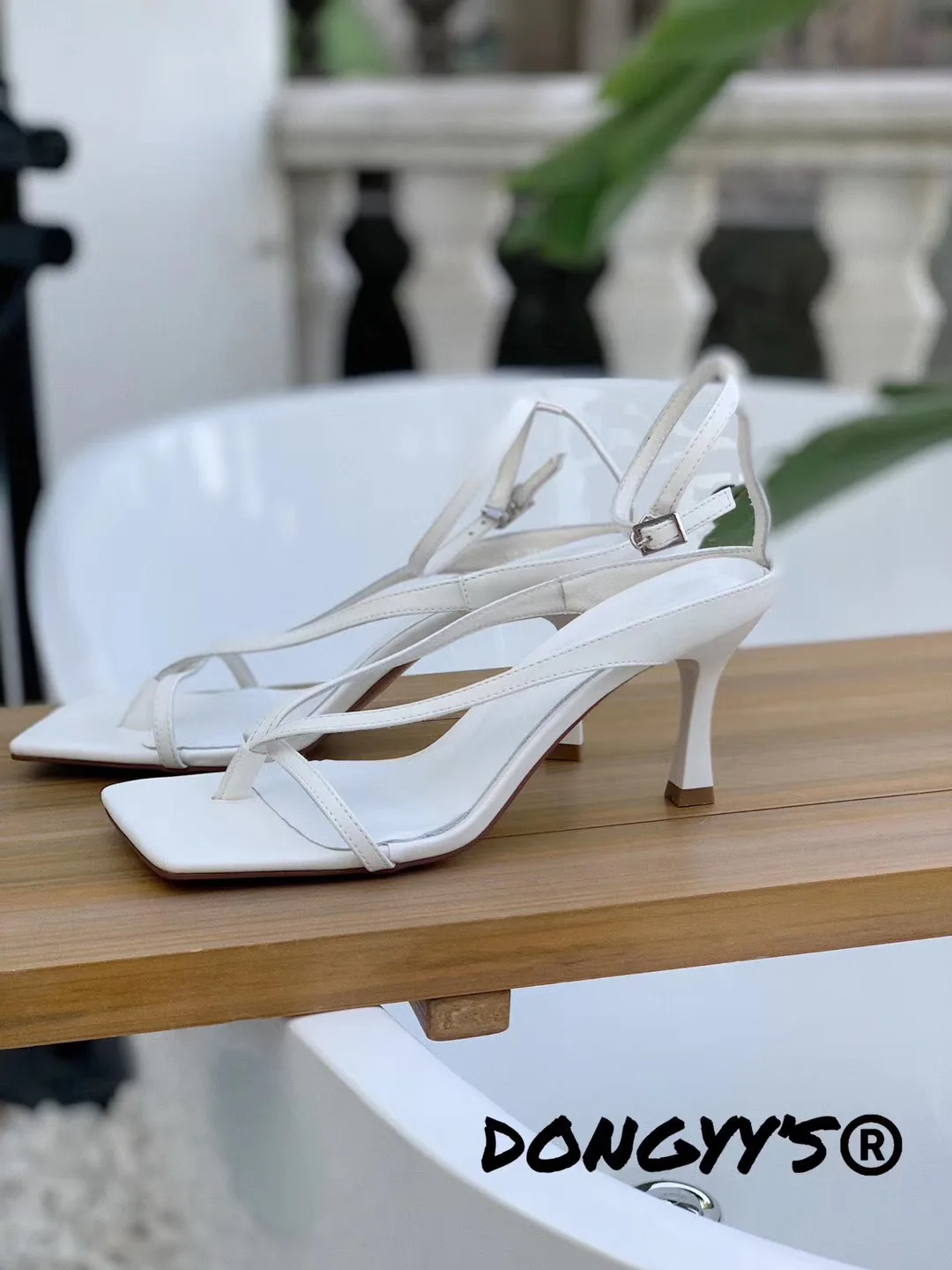 

Bv square head sheepskin high heeled sandals with thin heel and flexible style