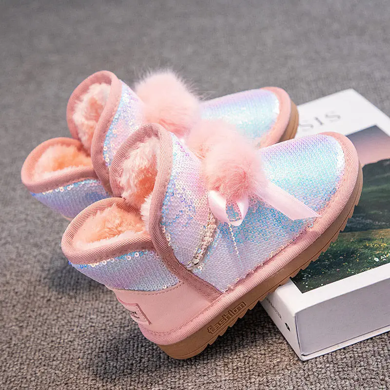 

New 2021 Hair Ball Girls Snow Boots Plus Velvet Thick Warm Short Boots Baby Winter Shoes Children Cotton Shoes Kids Winter Shoes