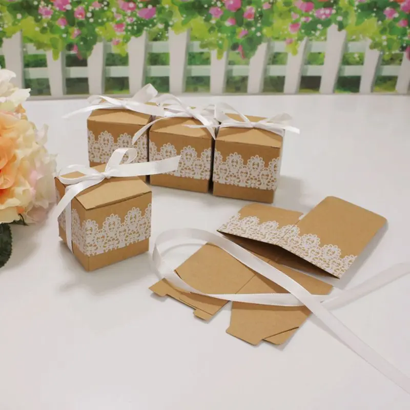 

50pcs/pack Kraft Paper Candy Box Lovely Decorative Sweet Packing Boxes with Ribbon and Lace Wedding Party Candy Packaging Box