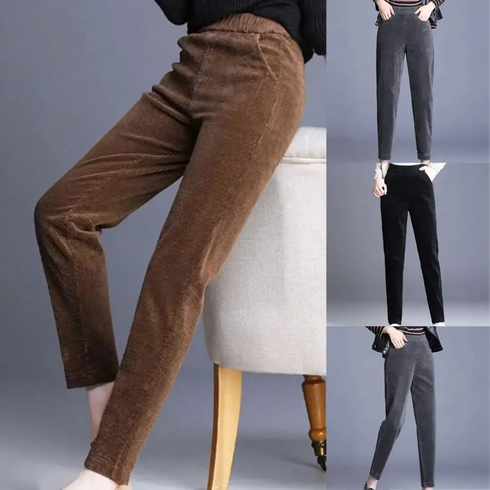

Брюки Женские однотонные с высокой талией, теплые шаровары с плюшевой подкладкой и карманами, уличная одежда, осень-зима