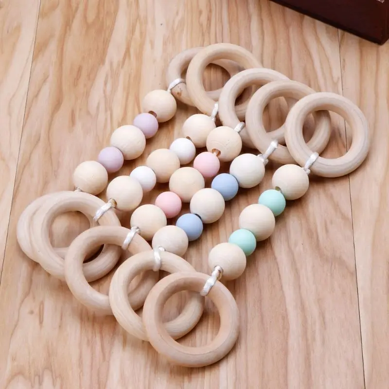 

Baby Play Gym Montessori Toys Baby Teether Beech Wood Ring Silicone Beads Wooden Rattle
