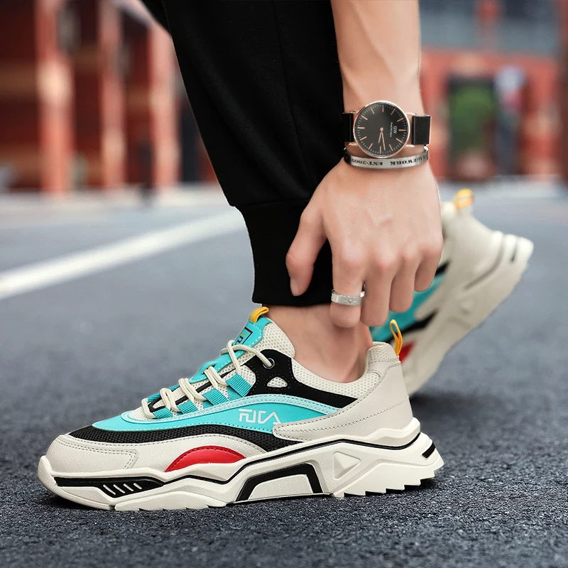 

Men Thick Bottom Running Shoes Tennis Sneakers New Lace-Up Splice Sports Casual Shoes Dad Shoes Student Non-slip Walking Shoes