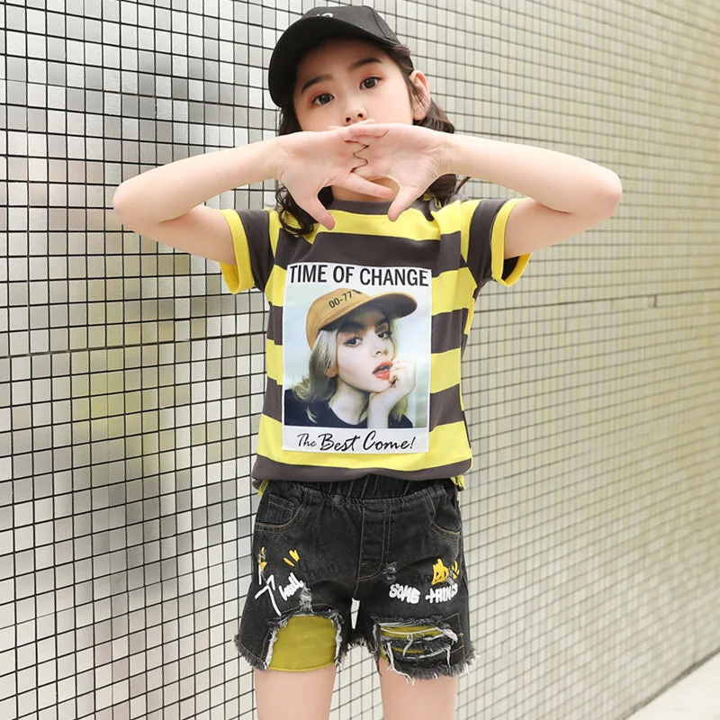 Летние Дизайнерские комплекты одежды в полоску для девочек топы и штаны | Мать