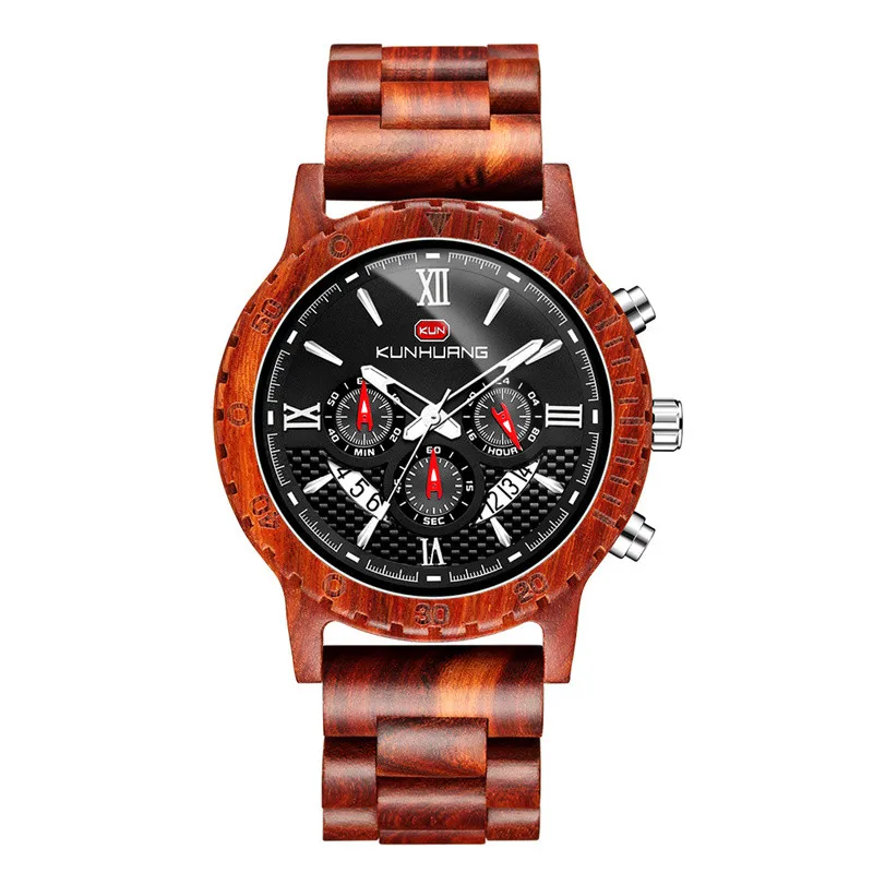 

2021 New Fashion Personality Wooden Watch Men's Casual Three-Eye Six-Pin Calendar Watches Multi-Function Quartz Watch For Men