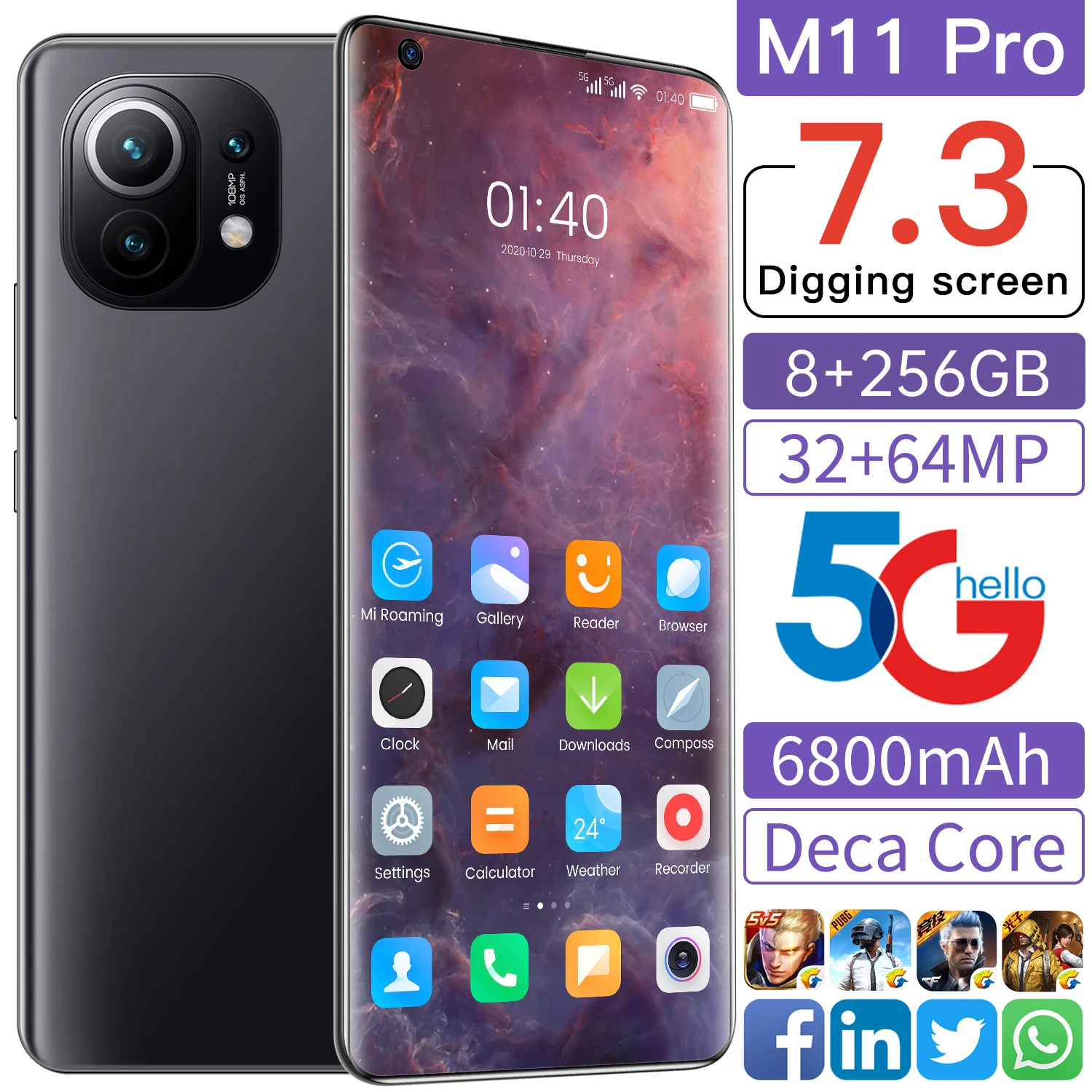 

M11 Pro 7.2 Inch Big Screen 12+256GB 32+64MP Andriod 11 Dual SIM Smart Phone MTK6889+ Global Version 6800mAh Face Unlock Celular