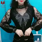 Женская Кружевная футболка, винтажная Готическая рубашка с рукавами-фонариками и высоким воротником, осенняя женская футболка в стиле пэчворк, гранж, топы в эстетике