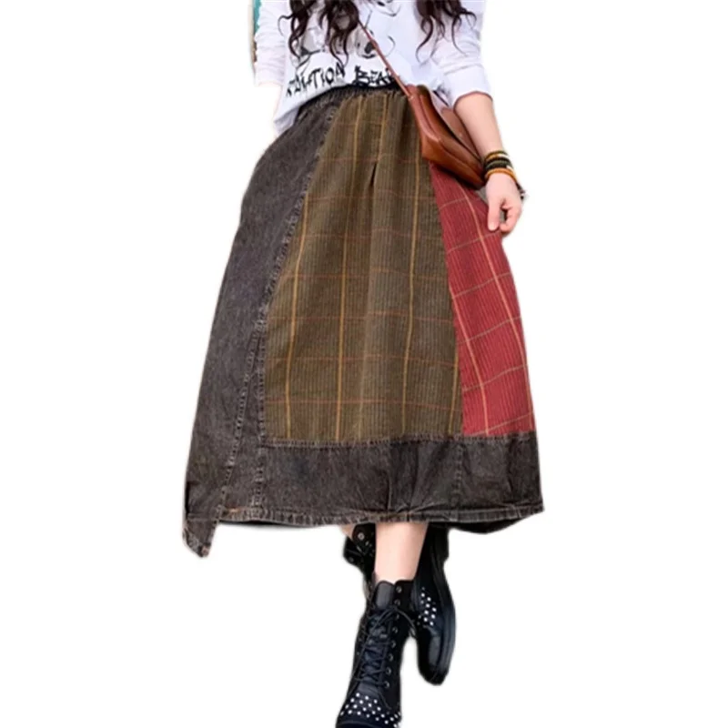

2021 Midi Danim Skirt for Women High Waist Patchwork Skirt Female Vintage Art Elastic Long Maxi Skirts Plus Size
