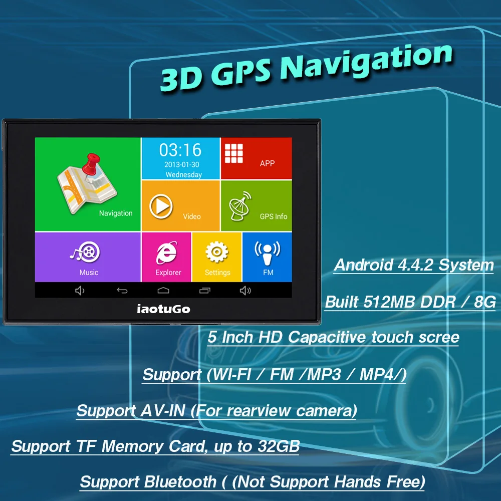 IaotuGo 5 дюймов емкостный Android gps Автомобильный gps навигатор MTK8127 четырехъядерный 8G хранение 512RAM wifi Bluetooth AV-IN навигация