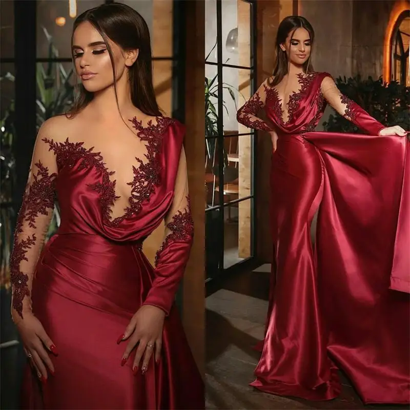 

Charming Red Formal Prom Dresses Beading Mermaid Party Dresses Sexy Sheer Long Sleeves Ruched Satin Runway Long Evening Gowns