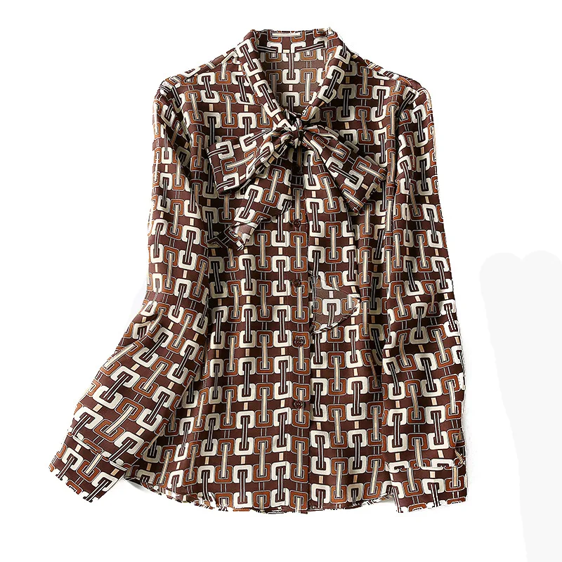 

2021 early spring simple cardigan long sleeve brown mulberry silk plaid collar temperament commuter silk single-breasted shirt