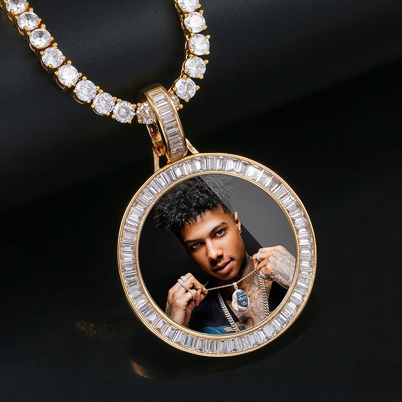 VIP CZP0232 Custom Photo Memory Medallions Solid Pendant Necklace Square Crystal Baguette Round Hip Hop Jewelry Men's | Украшения и